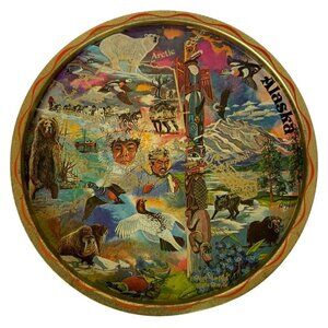 Vintage Alaska Souvenir Tray Wildlife Totem Pole Gold Metallic Art by Ken Haag